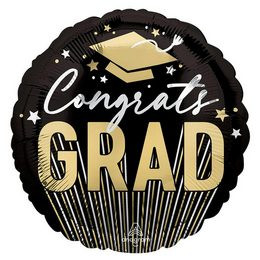 18 inch-es Congrats Grad Fényes Arany, Ezüst és Fekete Ballagási Fólia Lufi