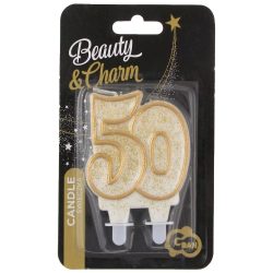 50 ÉVSZÁMOS GLITTERES GYERTYA TORTÁRA FEHÉR-ARANY