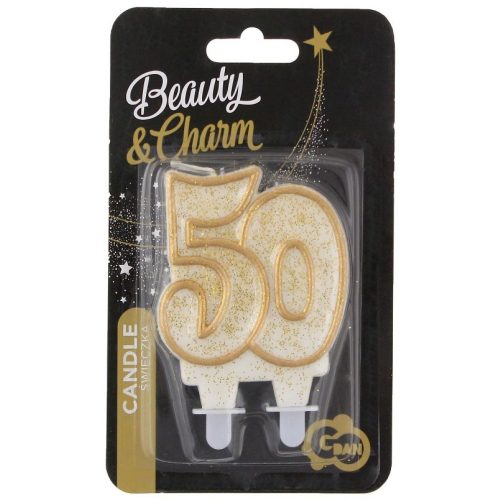 50 ÉVSZÁMOS GLITTERES GYERTYA TORTÁRA FEHÉR-ARANY