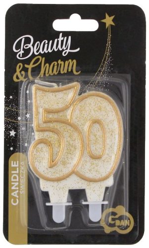 50 ÉVSZÁMOS GLITTERES GYERTYA TORTÁRA FEHÉR-ARANY