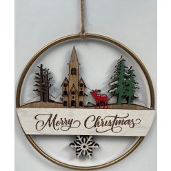   Fa karácsonyi ajtódísz körben házikó+szarvas "Merry chritmas"