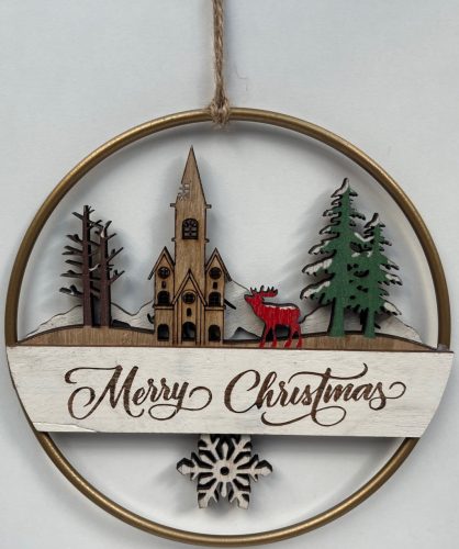 Fa karácsonyi ajtódísz körben házikó+szarvas "Merry chritmas"
