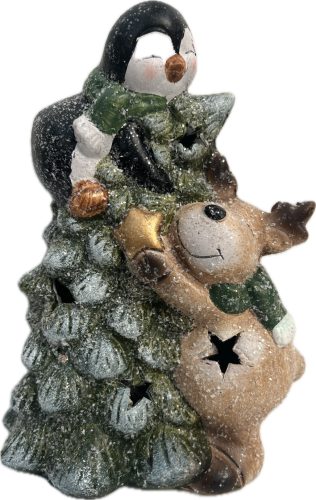 Karácsonyi rénszarvas+pingvin fenyővel világítós 17cm