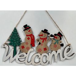   Fa karácsonyi ajtódísz "Welcome" Zöld fenyő,  piros-fehér hóember