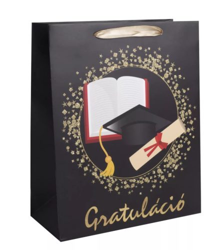 PAPÍRTASAK MATT, FEKETE, OKLEVÉL, GRATULÁCIÓ FELIRATTAL 26*32 CM L-ES