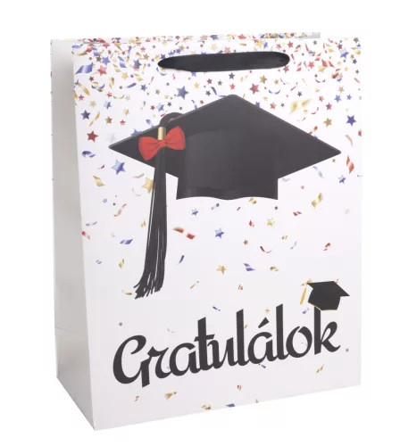 PAPÍRTASAK MATT, BALLAGÓS SAPKA, GRATULÁLOK FELIRATTAL 18*23CM M-ES