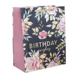   PAPÍRTASAK MATT, FÉNYES NYOMÁSSAL BIRTHDAY WISHES ARANY FELIRATTAL, RÓZSASZÍN VIRÁGOK 26*32 L-ES