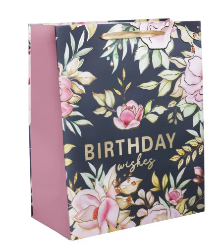 PAPÍRTASAK MATT, FÉNYES NYOMÁSSAL BIRTHDAY WISHES ARANY FELIRATTAL, RÓZSASZÍN VIRÁGOK 26*32 L-ES