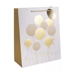   PAPÍRTASAK MATT, DOMBORNYOMOTT, ARANY FÉNYES NYOMÁSSAL, ZSINÓR FÜLLEL, HAPPY BIRTHDAY FELIRAT, LUFIK 26*32CM L-ES