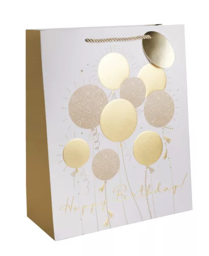 PAPÍRTASAK MATT, DOMBORNYOMOTT, ARANY FÉNYES NYOMÁSSAL, ZSINÓR FÜLLEL, HAPPY BIRTHDAY FELIRAT, LUFIK 26*32CM L-ES