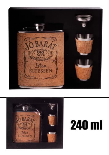 Flaska szett LAPOSÜVEG, ROZSDAMENTES ACÉL, SZETT DÍSZDOBOZBAN, 2 KISPOHÁRRAL, TÖLCSÉRREL, PARAFA BORÍTÁS, JÓ BARÁT, ISTEN ÉLTESSEN