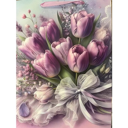 PAPÍRTASAK MATT, DOMBORNYOMOTT, LILA TULIPÁN CSOKOR, ZSINÓR FÜLLEL 31*42CM XL-ES