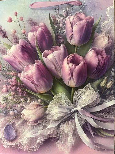 PAPÍRTASAK MATT, DOMBORNYOMOTT, LILA TULIPÁN CSOKOR, ZSINÓR FÜLLEL 31*42CM XL-ES