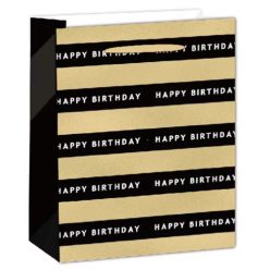   PAPÍRTASAK MATT, HOLOGRAFIKUS ARANY FÉNYES NYOMÁSSAL, FEKETE ÉS ARANY SÁVOK, HAPPY BIRTHDAY FELIRATTAL 18*23CM M-ES