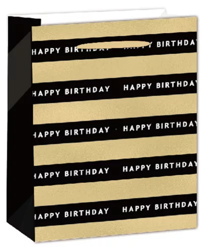 PAPÍRTASAK MATT, HOLOGRAFIKUS ARANY FÉNYES NYOMÁSSAL, FEKETE ÉS ARANY SÁVOK, HAPPY BIRTHDAY FELIRATTAL 18*23CM M-ES