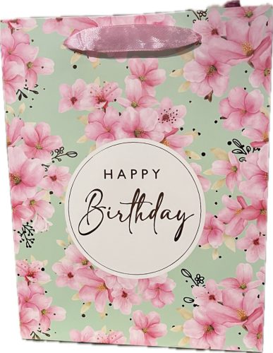 PAPÍRTASAK MATT, BRONZ FÉNYES NYOMÁSSAL, BARACKVIRÁG, HAPPY BIRTHDAY FELIRATTAL 18*23CM M-ES