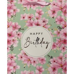   PAPÍRTASAK MATT, BRONZ FÉNYES NYOMÁSSAL, BARACKVIRÁG, HAPPY BIRTHDAY FELIRATTAL 26*32cm