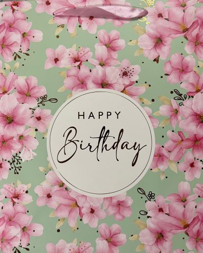 PAPÍRTASAK MATT, BRONZ FÉNYES NYOMÁSSAL, BARACKVIRÁG, HAPPY BIRTHDAY FELIRATTAL 26*32cm