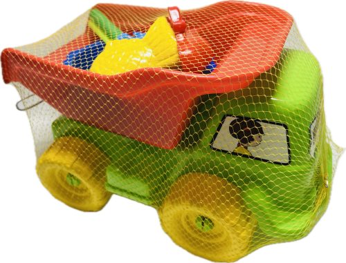 Homokozó dömper zöld-piros szita+forma+lapát