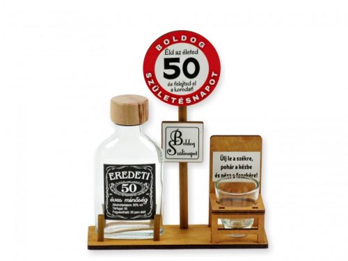 Születésnapi tábla  Pálinkás üveg 100ml + 1 pohár Boldog 50. Születésnapot 