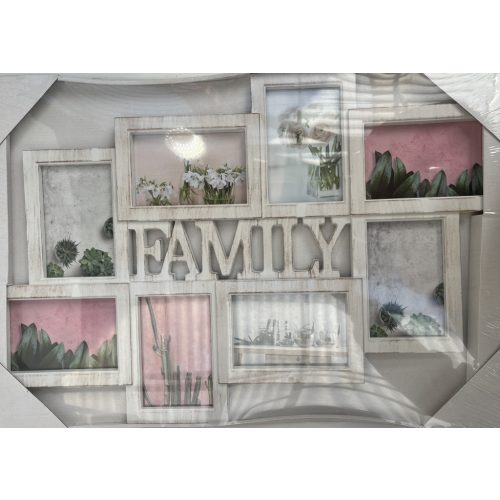 Fotókeret Fa hatású műanyag keret  "FAMILY" 8db 10*5cm álló és fekvő