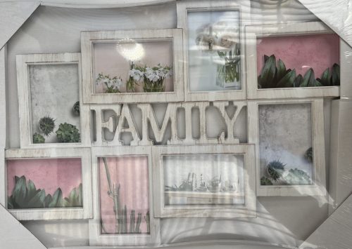 Fotókeret Fa hatású műanyag keret  "FAMILY" 8db 10*5cm álló és fekvő