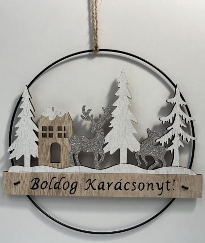 Karácsonyi Fa akasztós dísz fenyő, szarvas, házikó "Boldog Karácsonyt!"