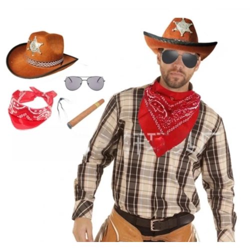 Cowboy jelmez szett ( kalap, szemüveg,szivar, kendő ) Cikkszám:	PG-CSZ
