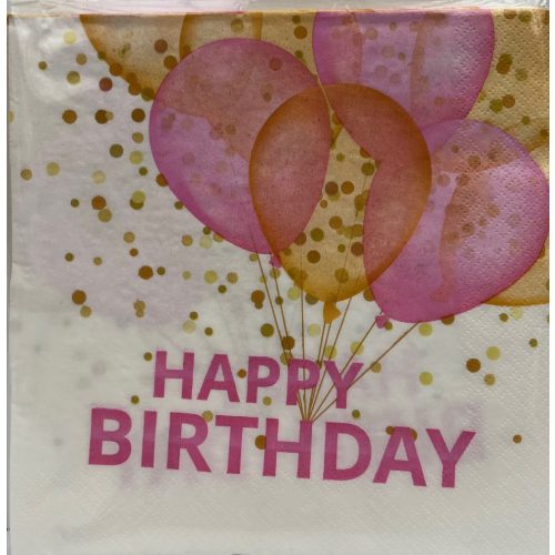 Szalvéta 20db-os Happy Birtday lufis rózsaszín 15db-os