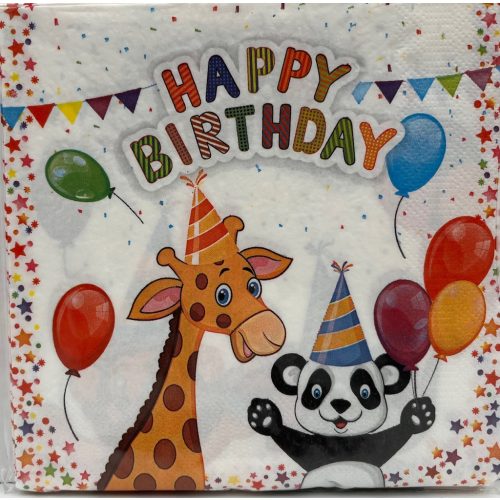 Szalvéta 20db-os Happy Birtday lufis, zsiráf, panda 15db-os