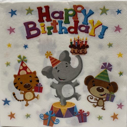 Szalvéta Happy Birtday elefánt, cica, majom 15db-os