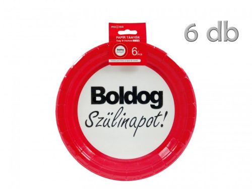 Papírtányér Boldog Szülinapot piros/fehér 6db 23cm 