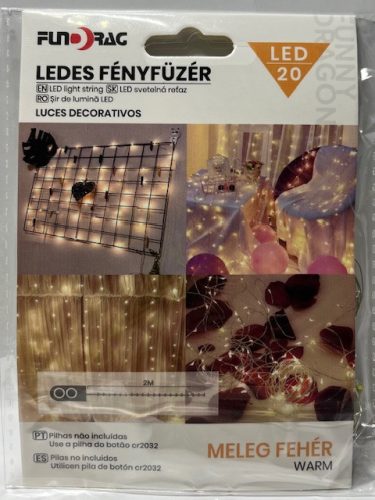 20 LEDes fényfüzér meleg fehér 2m elemes 