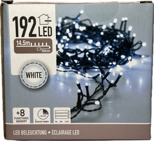 Égő Ledes 192led 14,5m  hideg fehér elemes 8 funkció
