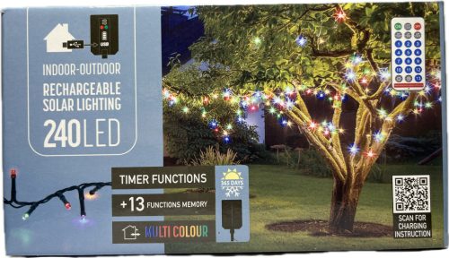 Égő Ledes 240led 18m szines Solar+USB töltő+távirányító 13 funkció