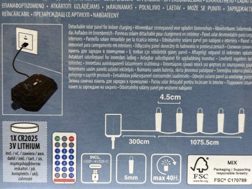 Égő Ledes 240led 18m szines Solar+USB töltő+távirányító 13 funkció