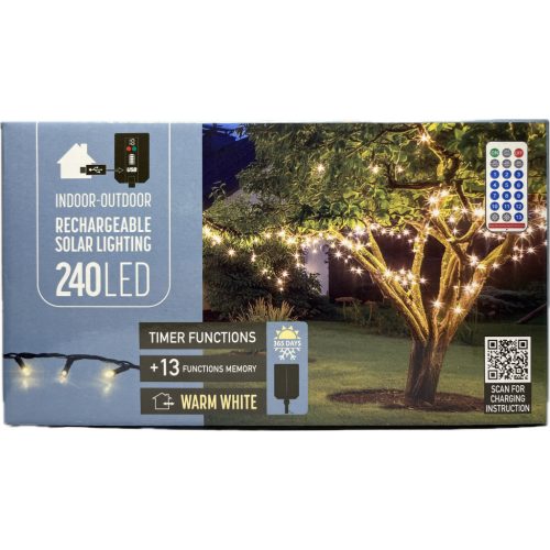 Égő Ledes 240led 18m meleg fehér Solar+USB töltő+távirányító 13 funkció
