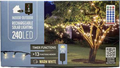 Égő Ledes 240led 18m meleg fehér Solar+USB töltő+távirányító 13 funkció