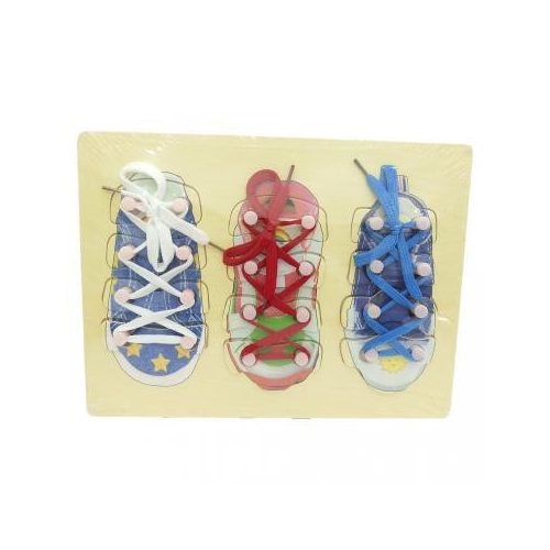 Fa cipőfűző, oktató, fafogantyús, 3 db-os, 30x23 cm pvc csom